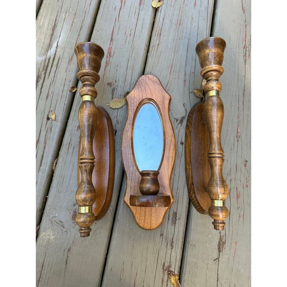 Vintage Mirrored Candle Sconces candleholders set of three wood wooden retro - Picture 1 of 16